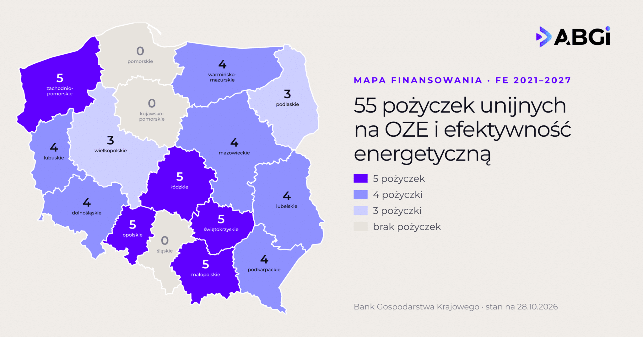 Mapa Polski: liczba pożyczek unijnych BGK na OZE i efektywność energetyczną w województwach – od 0 do 5